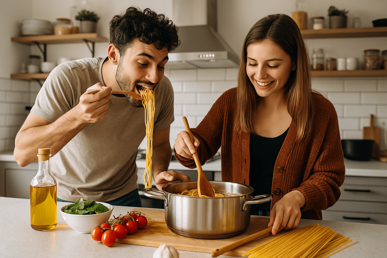 Guy and Girl Cooking Pasta.